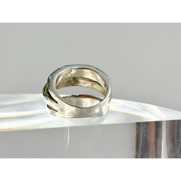 Navajo Style Turquoise & Coral Inlay Shank Vintage Unisex Ring - sz 5 - Picture 4 of 10